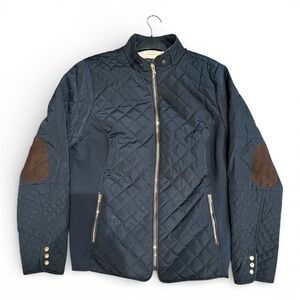 Quilted Moto Jacket Sherpa Lined Y2K Equestrian Elbow Patch Navy 1X Cavalini